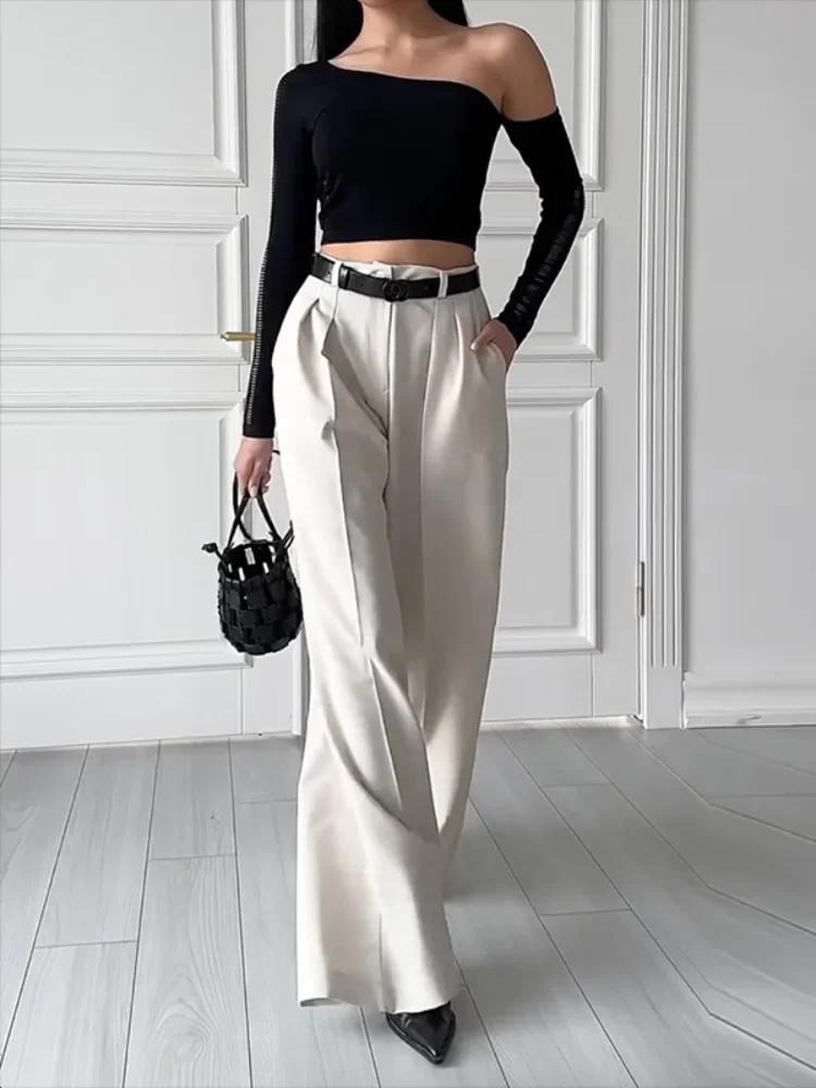 Freeacy Elegant Pants for Urban Women Solid Color High Waist Buttoned Loose Fit Floor Length Trousers Stylish Commuter Bottoms