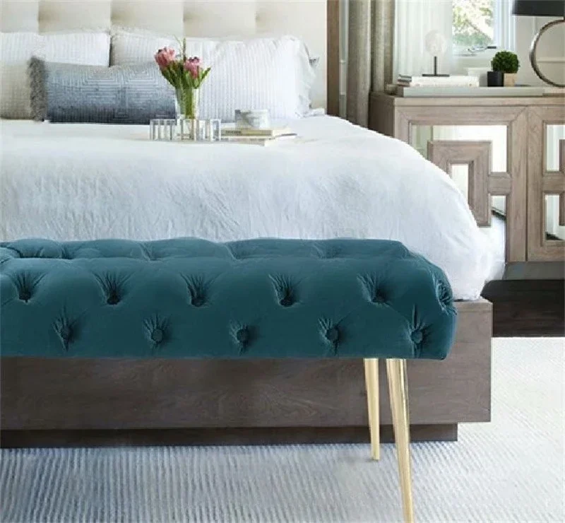 Nordic moderno quarto tecido fivela saco macio cabeceira móveis fezes sala de estar foyer aço inoxidável sapato mudando fezes