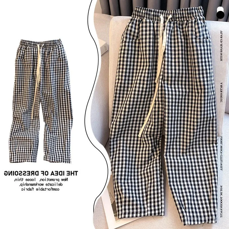 

plus Size Women's Plaid Straight Leg Pants Elastic Waist Casual Summer Loose Nine-Tenths Harlan Pants High Waist Long Pants