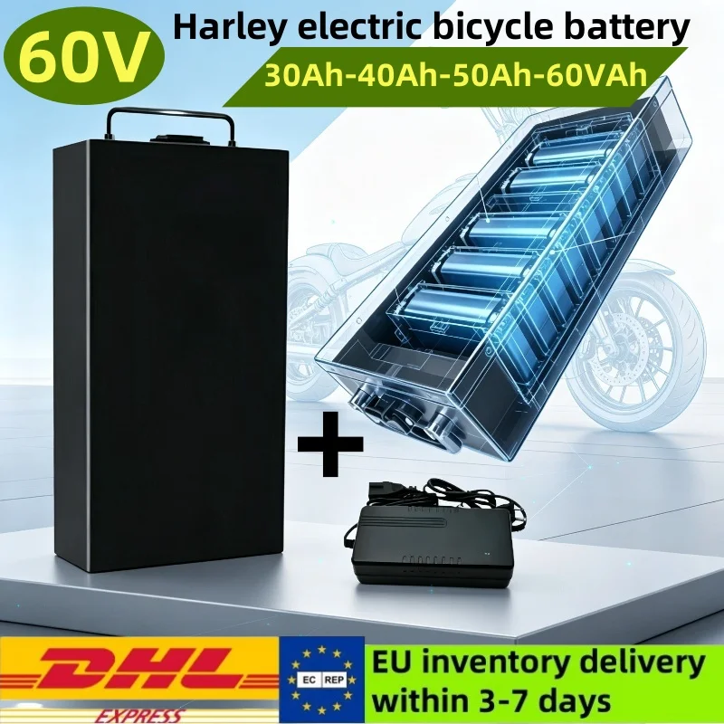 Image of 60V 40Ah 50Ah 60Ah wasserdichte Lithium-Batterie für Elektromotorräder, 18650-Zellen, 500W-2400W, geeignet für Citycoco-Roller und Fahrräder.