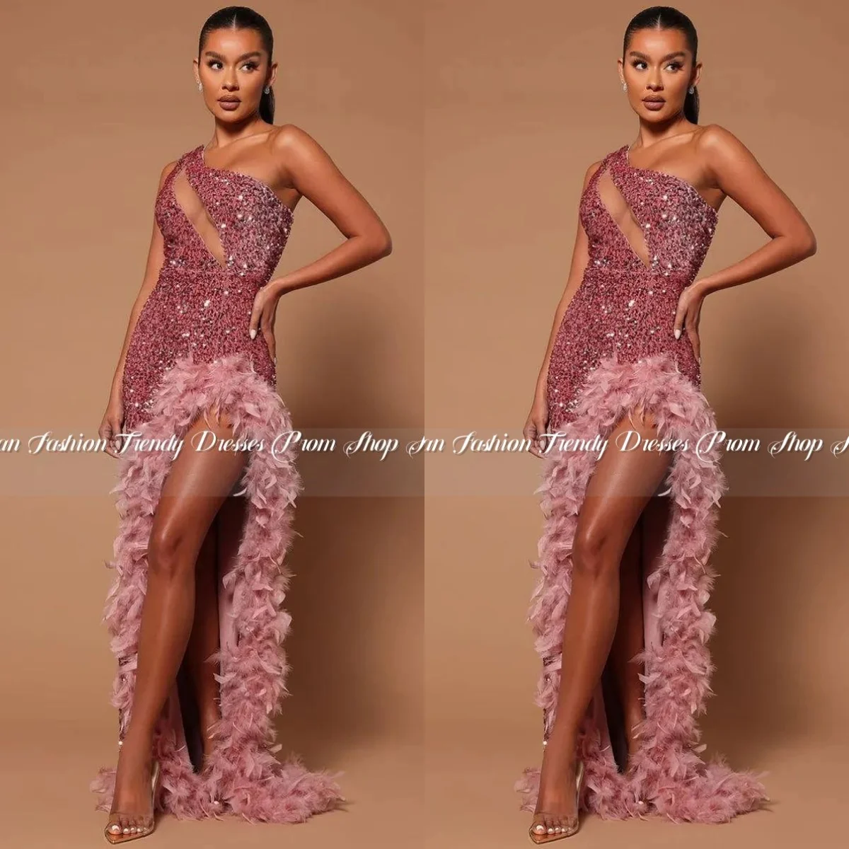 Glitter Diamante Feather Split Evening Dress Pink Strapless Sleeveless Sequins Black Girls Party Customised robes de soirée