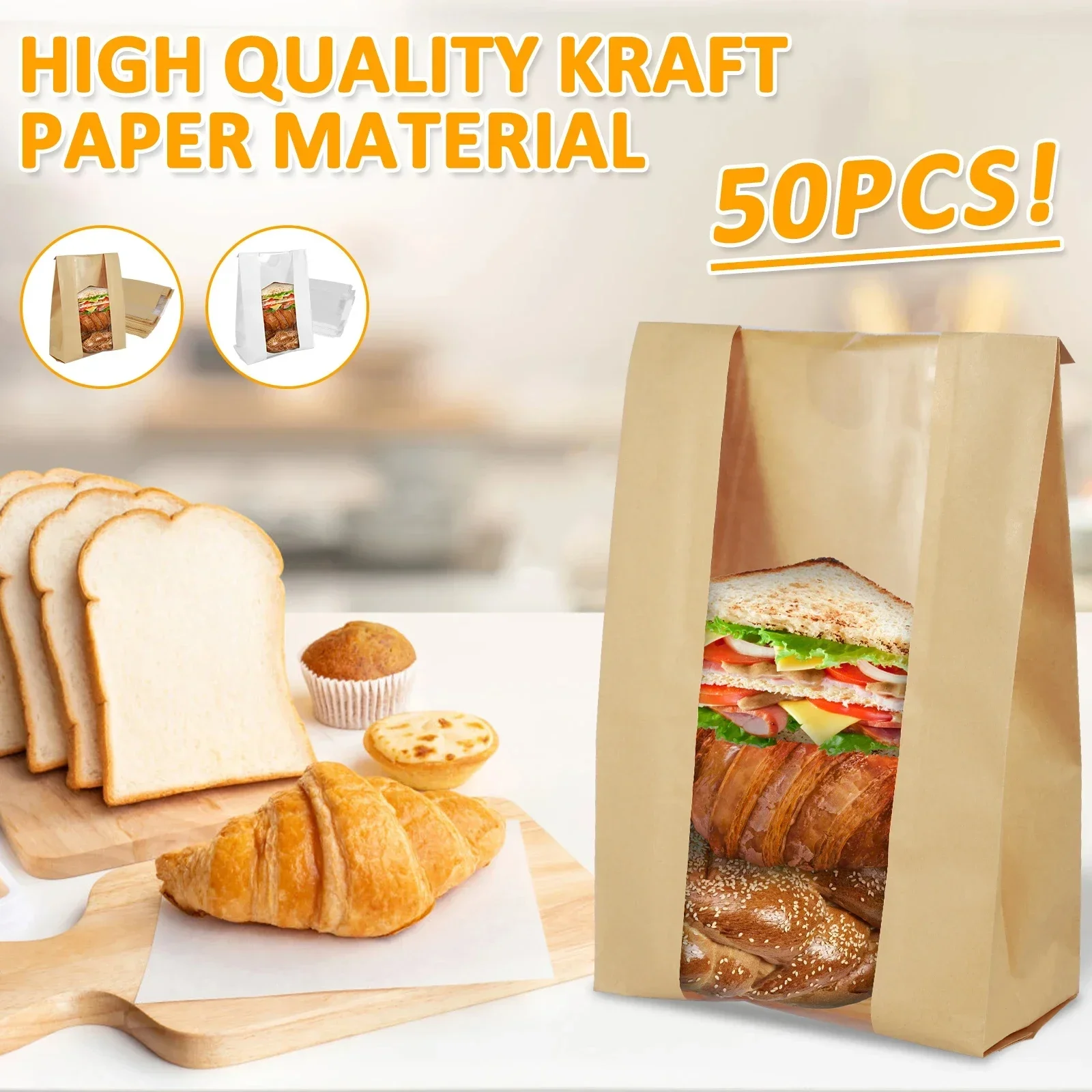 50pcs Kraft Sourdough Bread Bags Thicker Bread Bags for Homemade Bread Large Paper Bakery Bags Clear Window Baked Food Storage