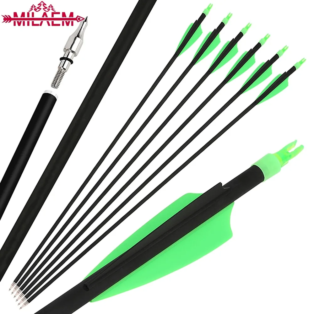 Archery Mix Carbon Arrow Spine500 ID6.2mm Shaft with 3'' Rubber Feather 100Grain Arrowhead for Bow Shooting Accessories,6/12pcs