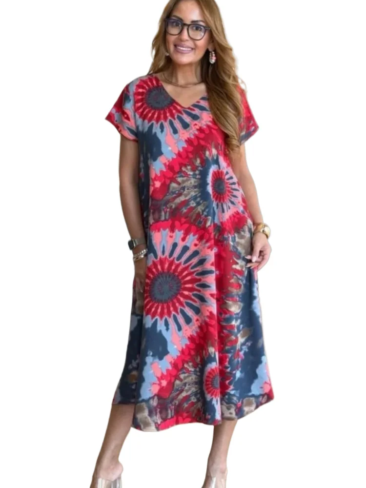 

Summer Ethnic Style Women's Dress Fashion Short-sleeved Printed Elegant Casual Loose Dress Office Holiday Party Dresses Robe