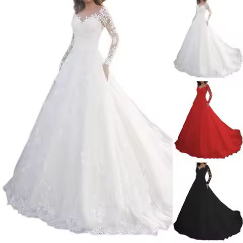 Women Evening Dress Lace Floral Embroidered A-line Big Swing Bride Dress V Neck Long Sleeves Back Zipper Closure Wedding Dress