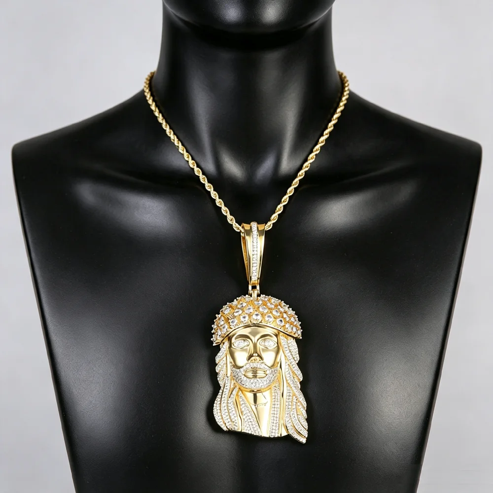 2026 New Release Jesus Pendant Men's Hip Hop Set with Shining Zircon Religious Belief Pendant Rope Chain Jewelry