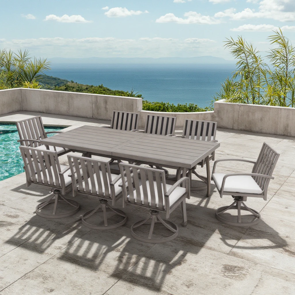 

9-Piece All Aluminium Dining Table Set 8 Chairs Free Fast Shipping for Outdoor Use Washable Cushions for Patio Garden Warehouse