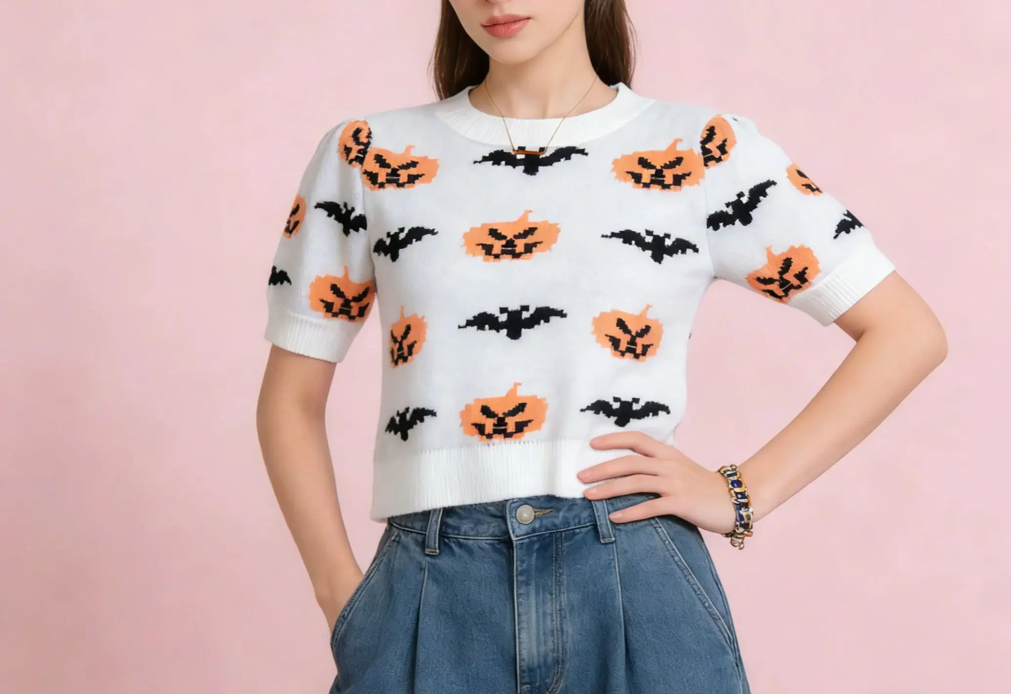 

Незаменимая вещь для лета | Вязаная футболка с принтом тыквы и летучей мыши, повседневный топ с короткими рукавами в стиле ретро