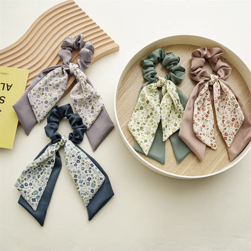 Fashion Floral Hair Bands Girls Bow Scrunchies Korean Pontail  Double-deck Scarf Hair Ties Hair Accessories Hairband Party Gift