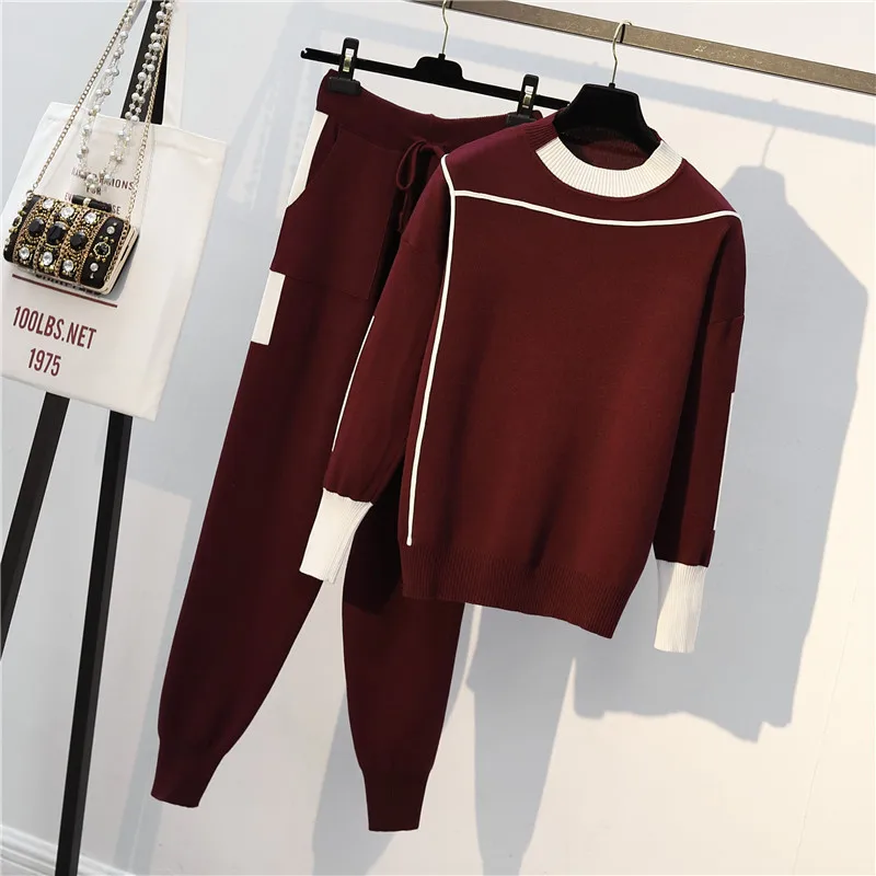 L-4XL Autumn Winter Women Knitted Tracksuit 2-piece Suite Long Sleeve Sweater Pullover Set Elastic Waist Knit Long Trousers Suit