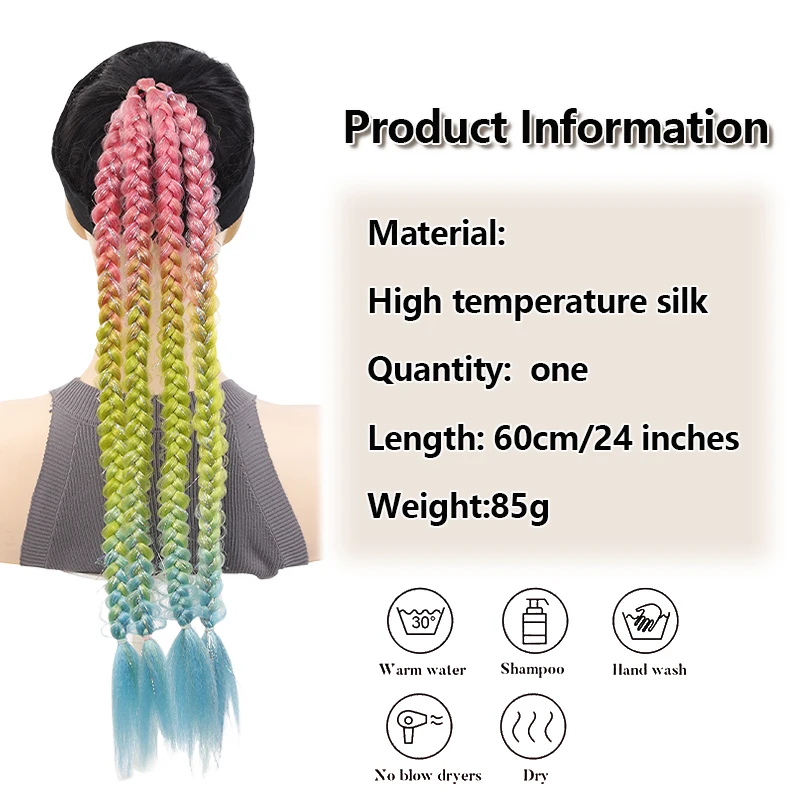 Synthetic Hair Iridescent Braided Ponytail – 3-Tone Gradient, Long Twist Design, Eye-Catching for Street & Event Wear
