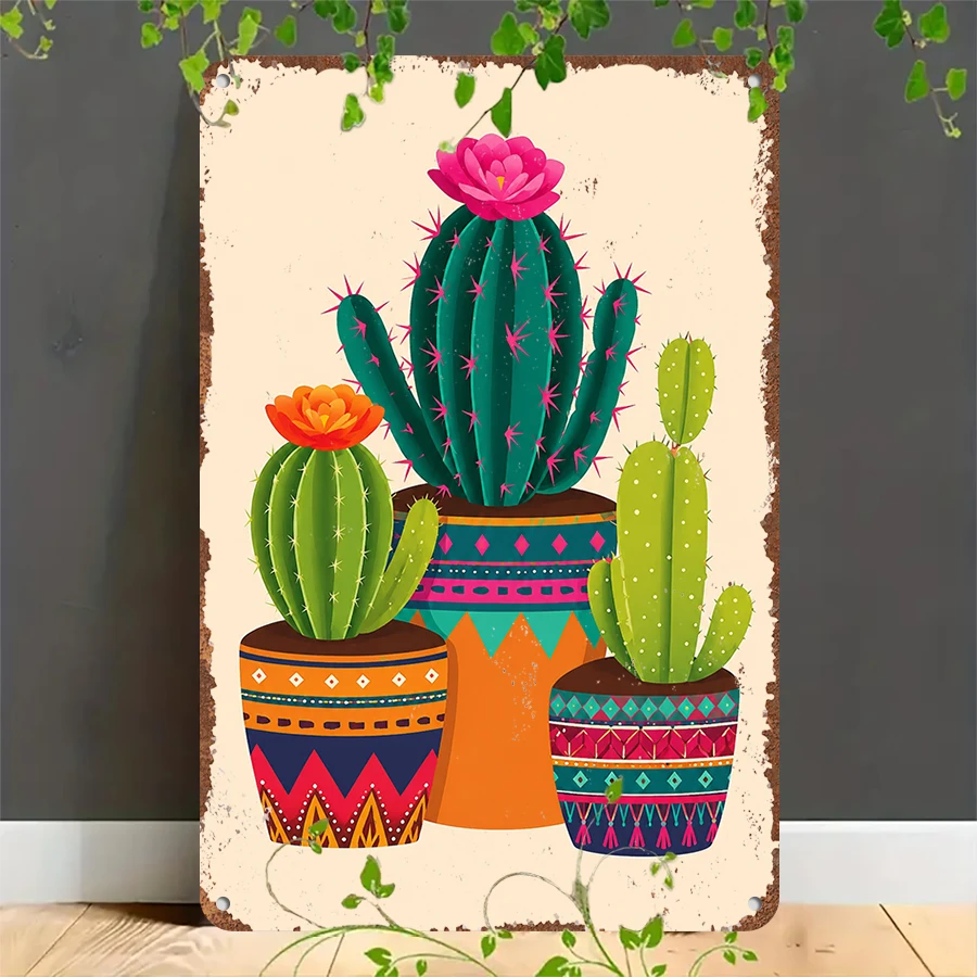 2D flat retro metal tin plate,  Boho Cactus Trio Metal Wall Tin Sign, Suitable for home, garage, café, bar and garden decoration