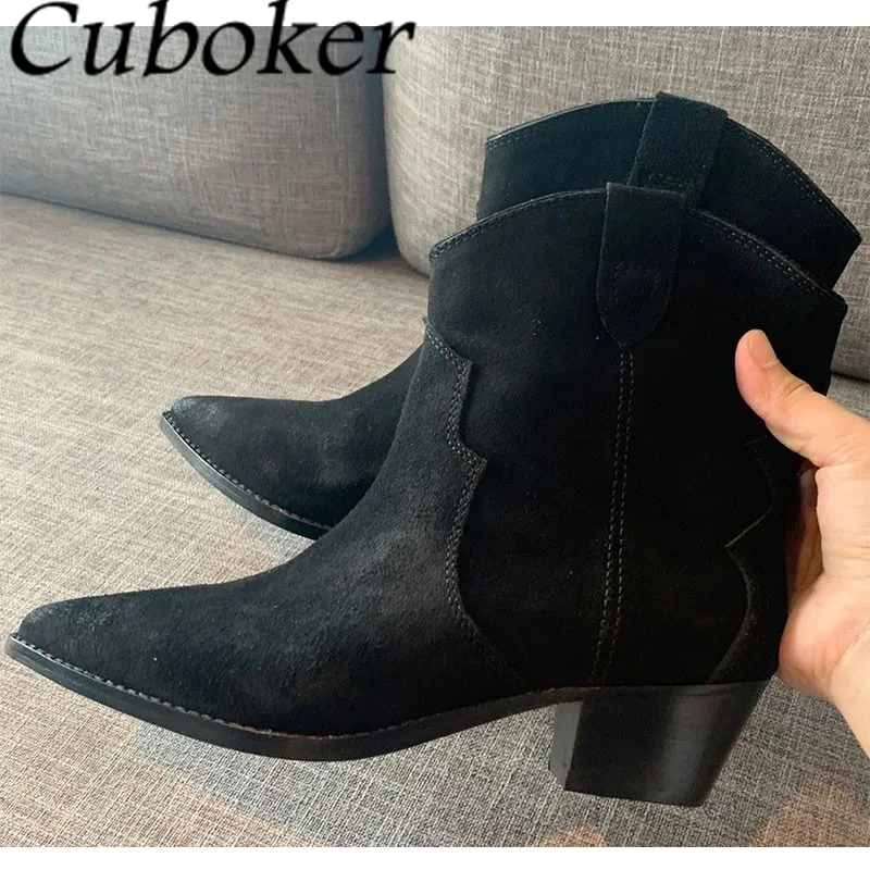 2024 Autumn Hot Sale Suede Leather Ankle Boots Women Pointed Toe Slip On Chelsea Boots Classic Chunky Heels Short Botas Mujer