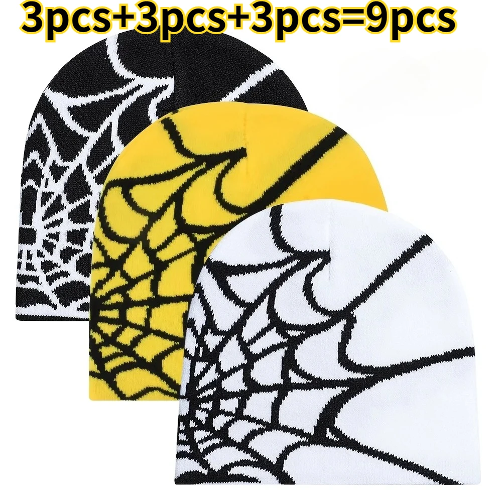 9 pieces of Y2K superhero spider web winter knitted hats - stretchy, lightweight, breathable women's headgear