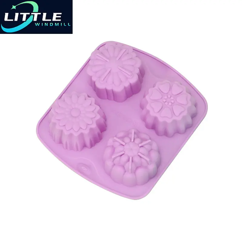 Flower Shape Chinese Moon Cake Mold 4 Holes Silicone  Jelly Pudding Mould Handmade Soap Chocolate Pie Baking Tool