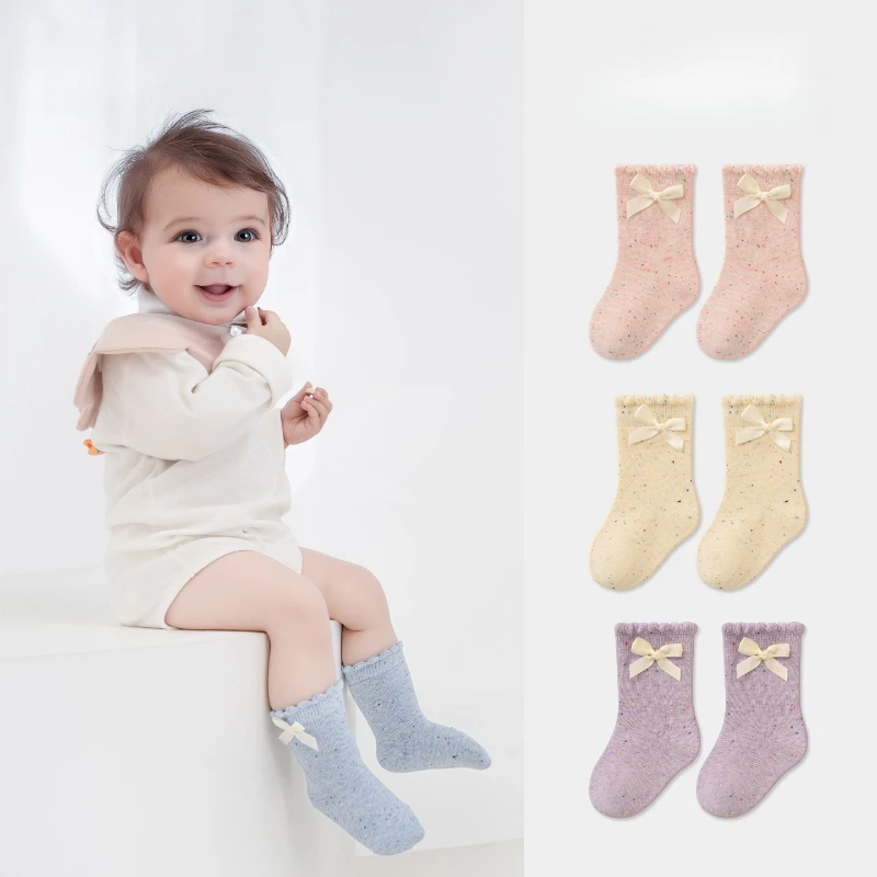 

Детские носки для девочек 0-8 лет, новые осенние красочные носки принцессы в горошек с бантом, носки до середины икры из чесаного хлопка без костей