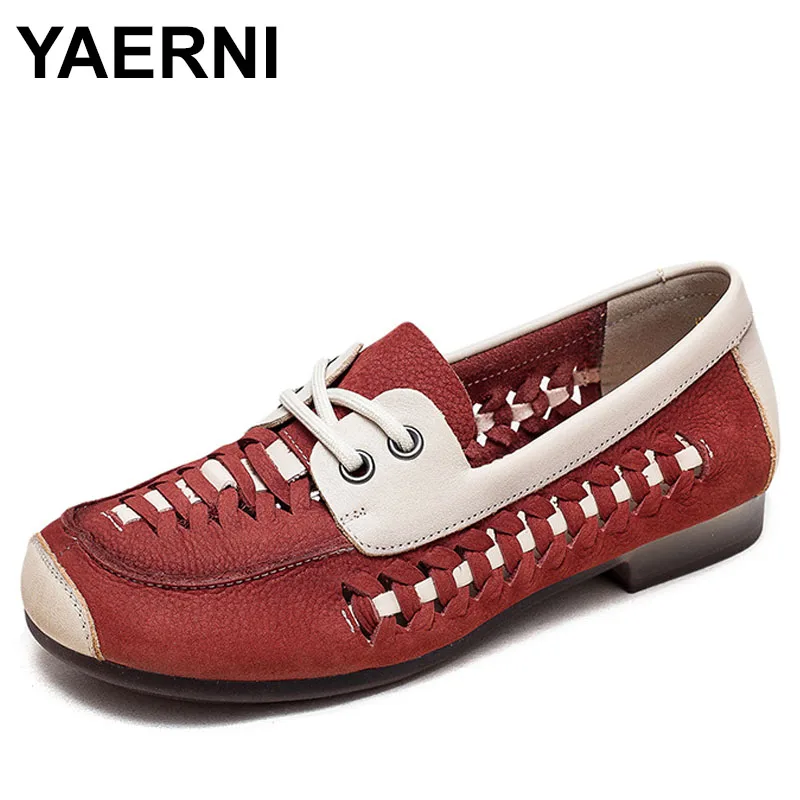 

Weave Genuine Leather Comfy Moccasins Retro Cow Suede Soft Soled Flats Loafers Round Toe Summer Lace Up Women Shoes