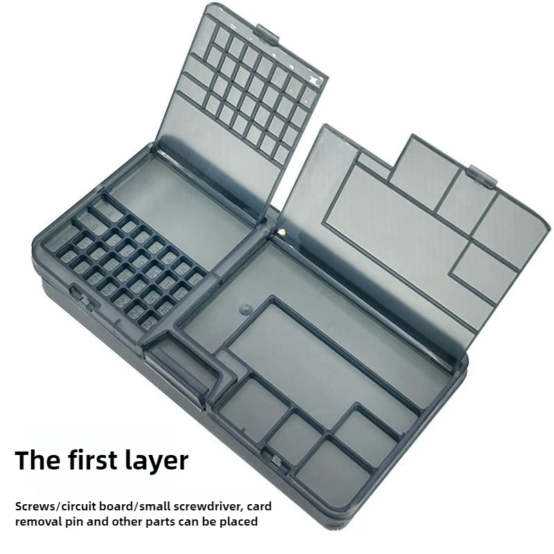 Caja de almacenamiento de componentes electrónicos de doble capa, color negro brillante, organizador de tornillos y accesorios para reparación de teléfonos 3