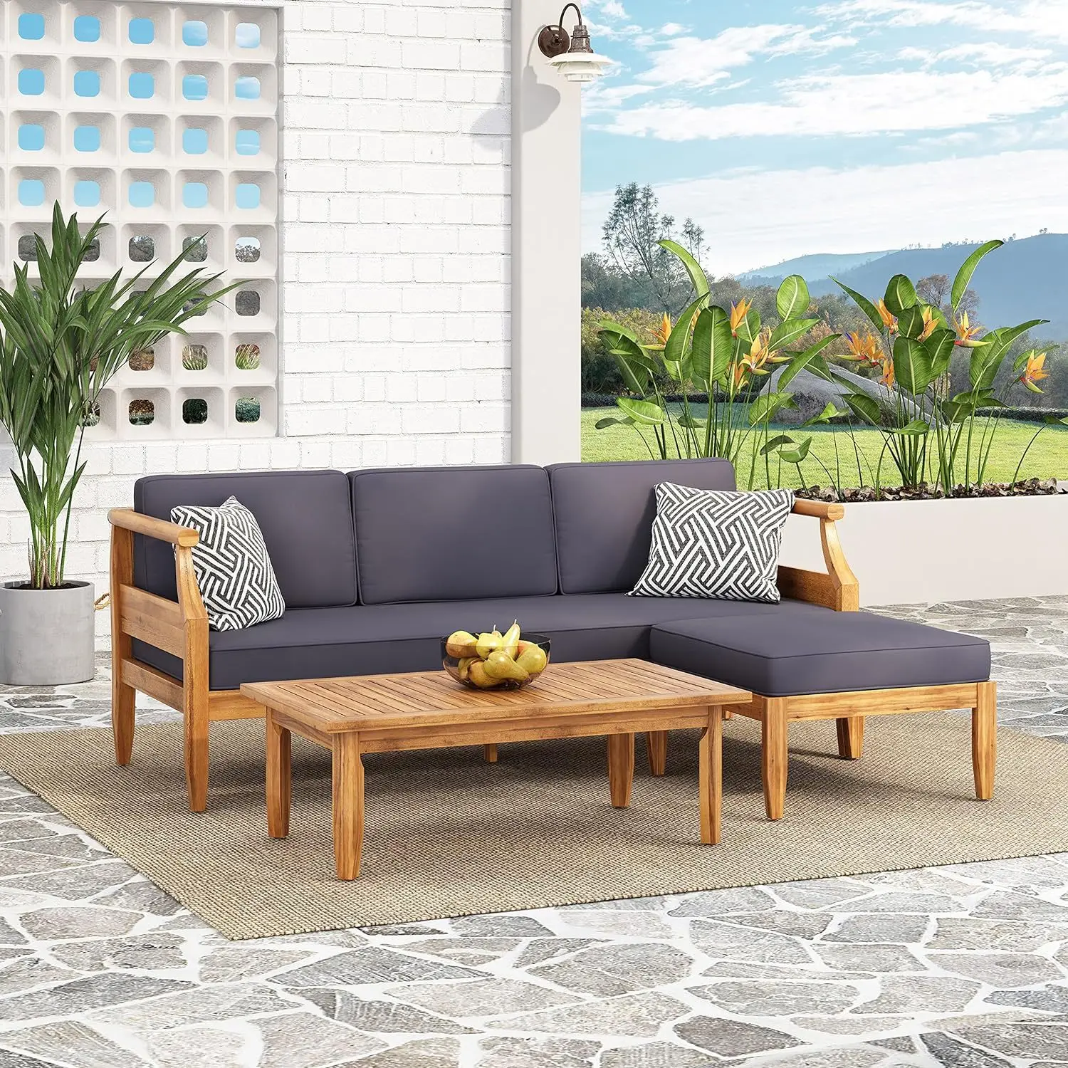 Aston Outdoor Outdoor Acacia Wood 3 Seater Sofa Chat Set with Ottoman