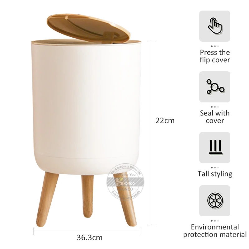 Konco High Foot Trash Can Plastic Desktop Press Cover Dustbin  Round Trash Bin Living Room Toilet Kitchen Garbage Bucket