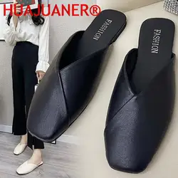 Women Mules 2025 Summer Elegant Square Closed Toe Flat Slippers Female Shoes Casual Leather Black White Slides Plus Size 35-43