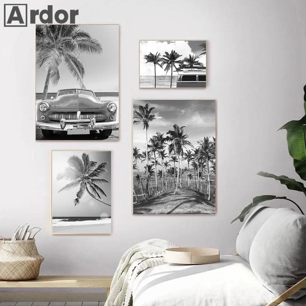 흑백 불가사리 해변 벽 포스터 자동차 야자수 여름 풍경 아트 프린트 캔버스 그림 북유럽 홈 데코 / 홈 인테리어, image size:1000x1000