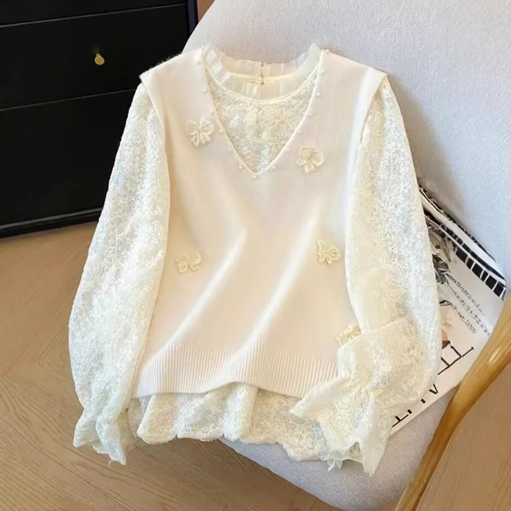 

Beaded Flowers Three-dimensional New Knitted Vest Vest Sleeveless Bow Top Lace Sweater New Chinese Style