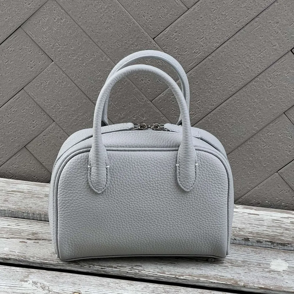 

First Layer Cowhide Boston Pillow Bag Niche Design Bowling Handbag Fashion Shoulder Messenger Bag Women Large Capacity