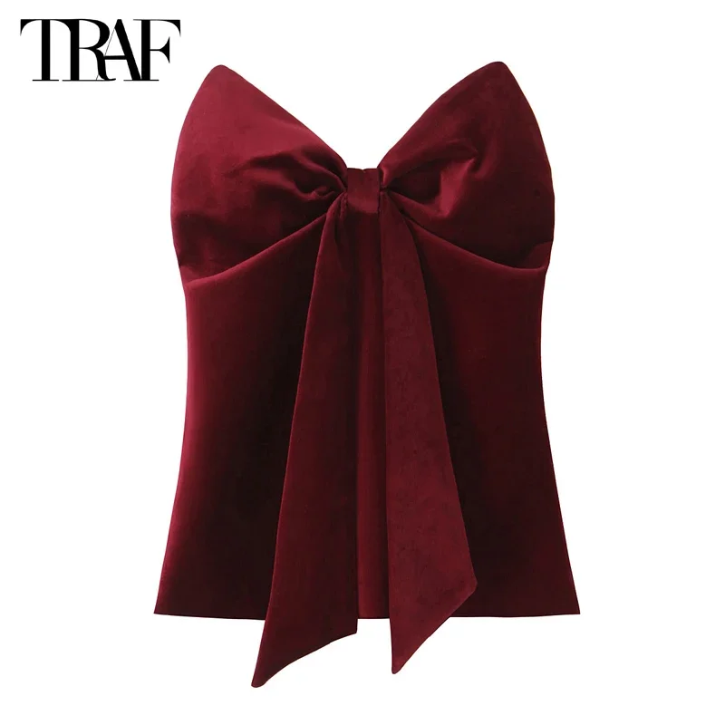 TRAF off Shoulder Bustier Tops Woman 2024 Bow Velvet Crop Top Women Sexy Backless Top Female Sleeveless Tube Tops for Women