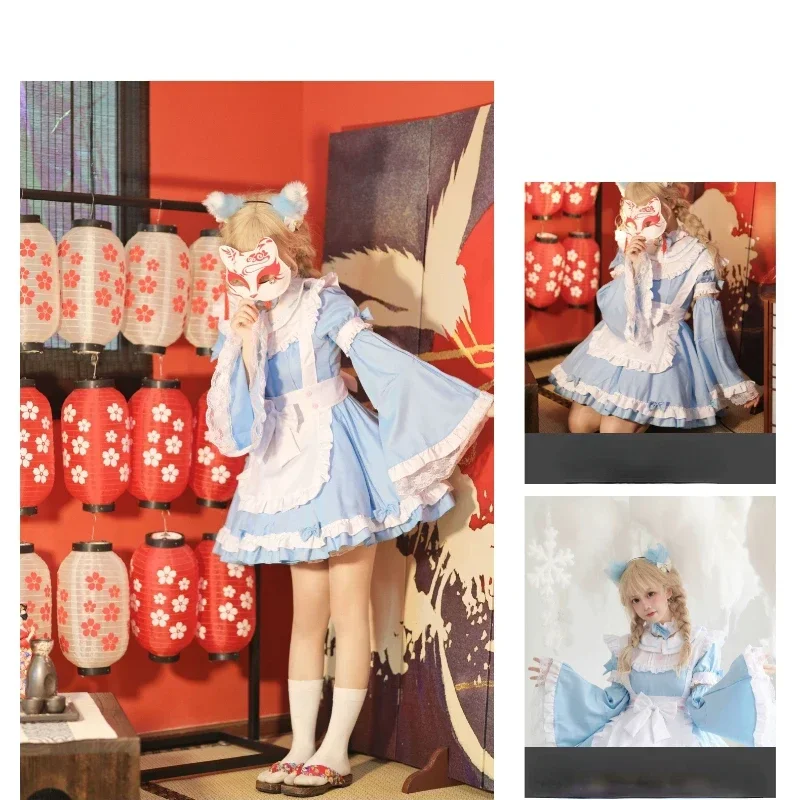 5XL Halloween COS Alice Big Brother Fake Mother Maid Dress Blue Performance Costume Removable Sleeves Plus Size MN3