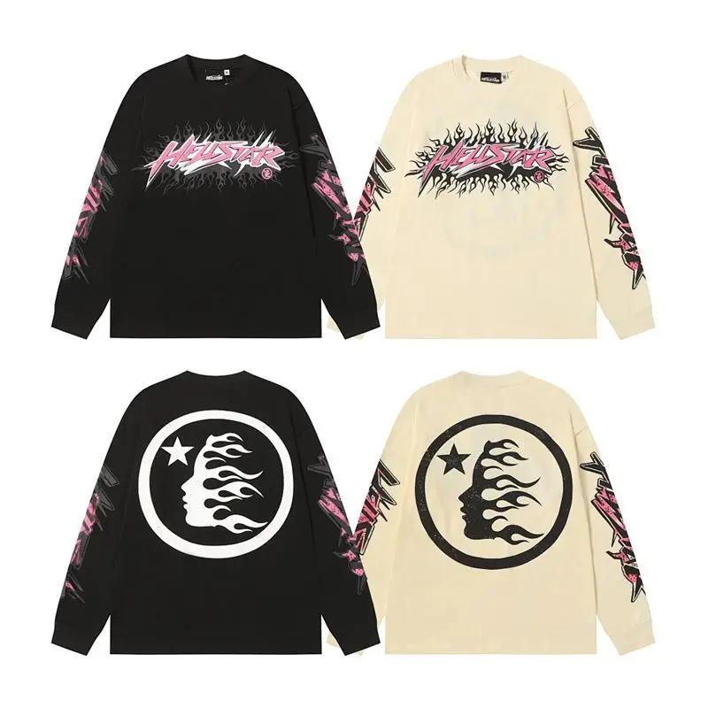 Hellstar American Streetwear Flame Letter Print High Street Loose Casual Trendy Long Sleeve T-Shirt Unisex Men Women