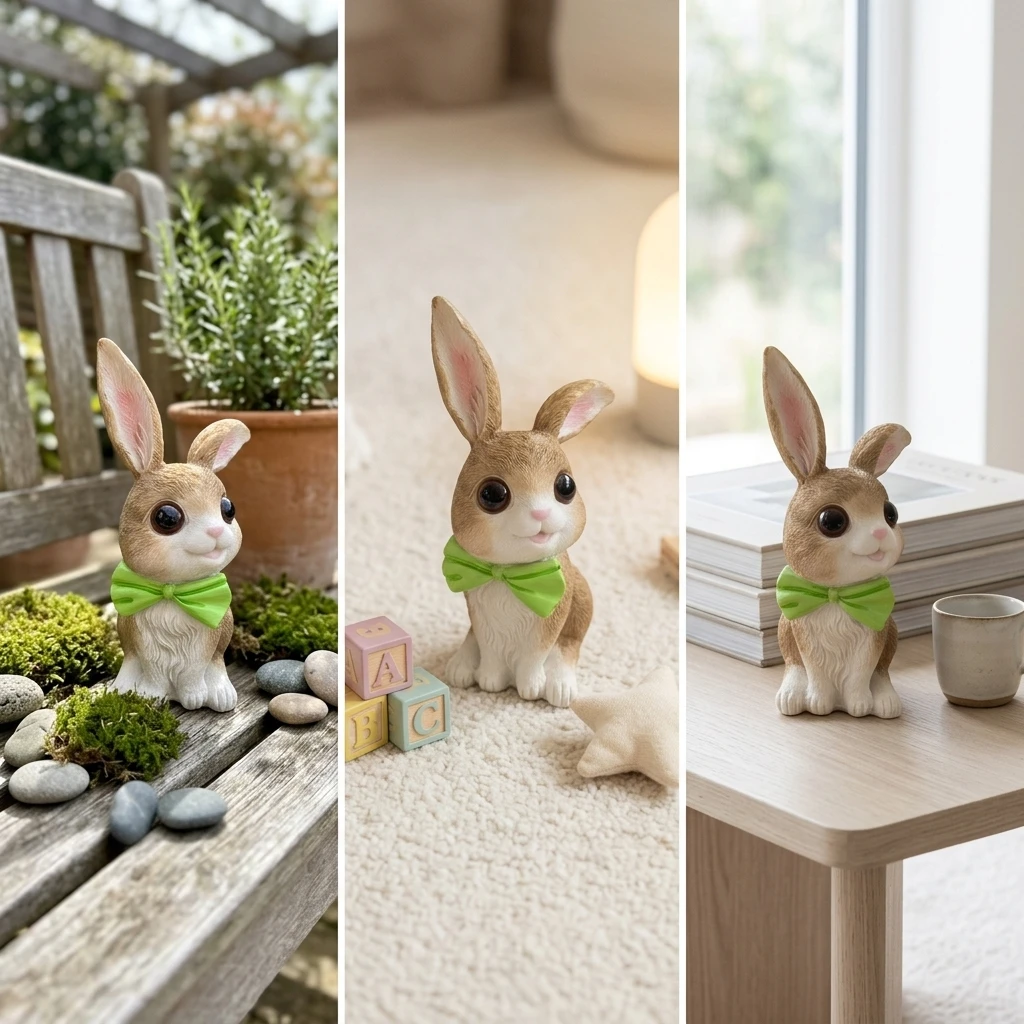 Resin Rabbit-Figurine with Flocking Finish for Home Garden Decoration
