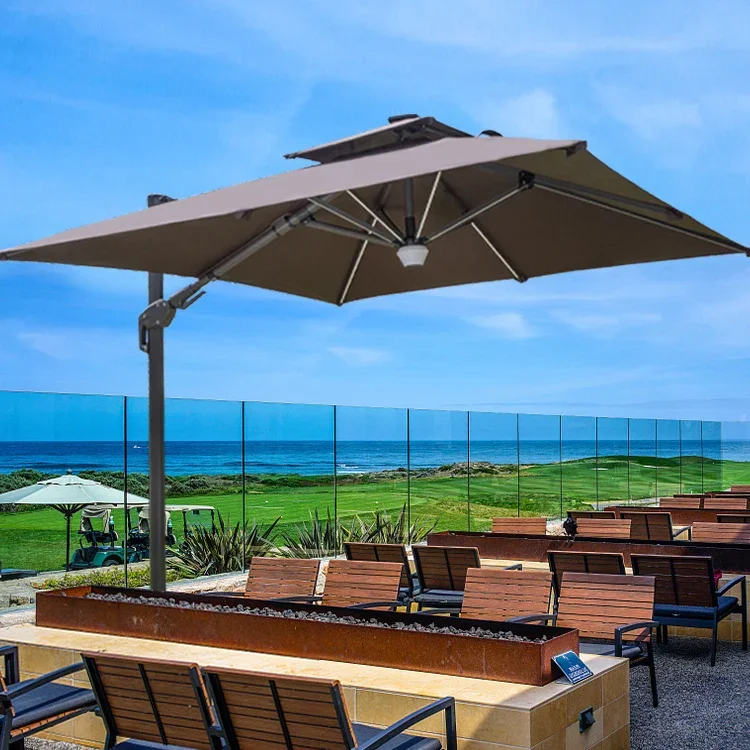 2021 outdoor furniture Deluxe Bluetooth speakers Round beach umbrella solar LED light parasol