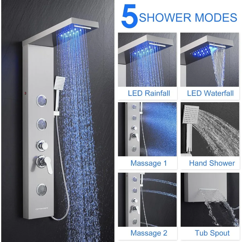 5 in 1 Shower Panel Tower System with LED Lights, Rainfall and Waterfall Shower Head, 3 Pcs Adjustable Body Jets