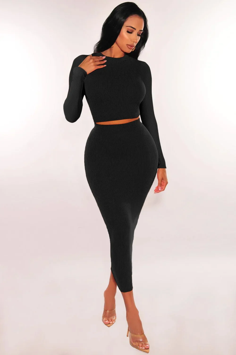 

Vintage Autumn Winter Skirt Outfit Sexy Women Elegant Two Pieces Solid Club Matching Set Top+Long Skirt