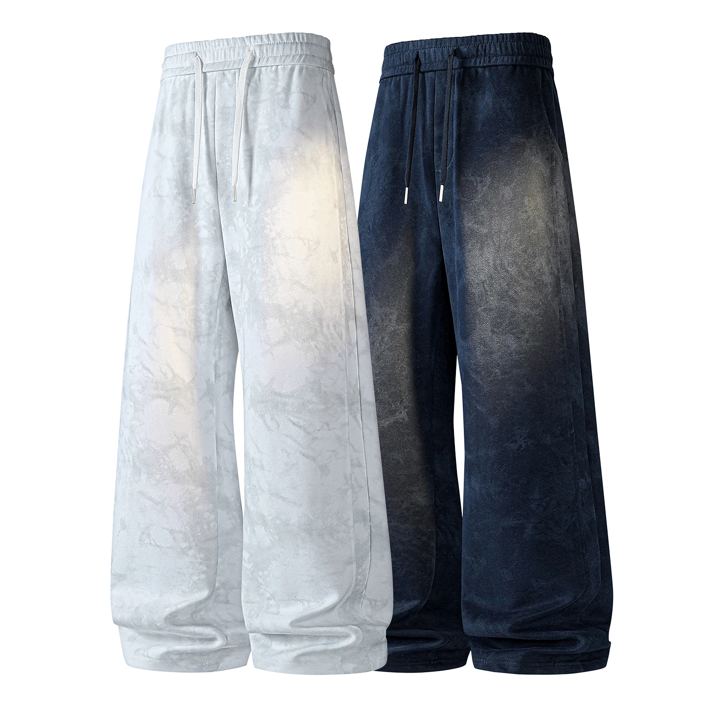 Vintage Tie Dye Men Wide Leg Pants Elastic Drawstring Waist Loose Baggy Streetwear Casual Trousers