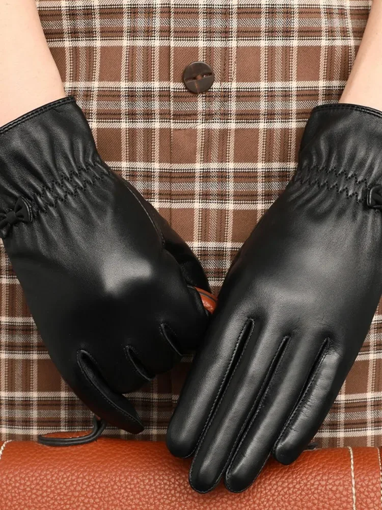 Women Bowknot Wrist Genuine Leather Gloves Winter Windproof Warm Fleece Lining Driving Top Layer Sheepskin