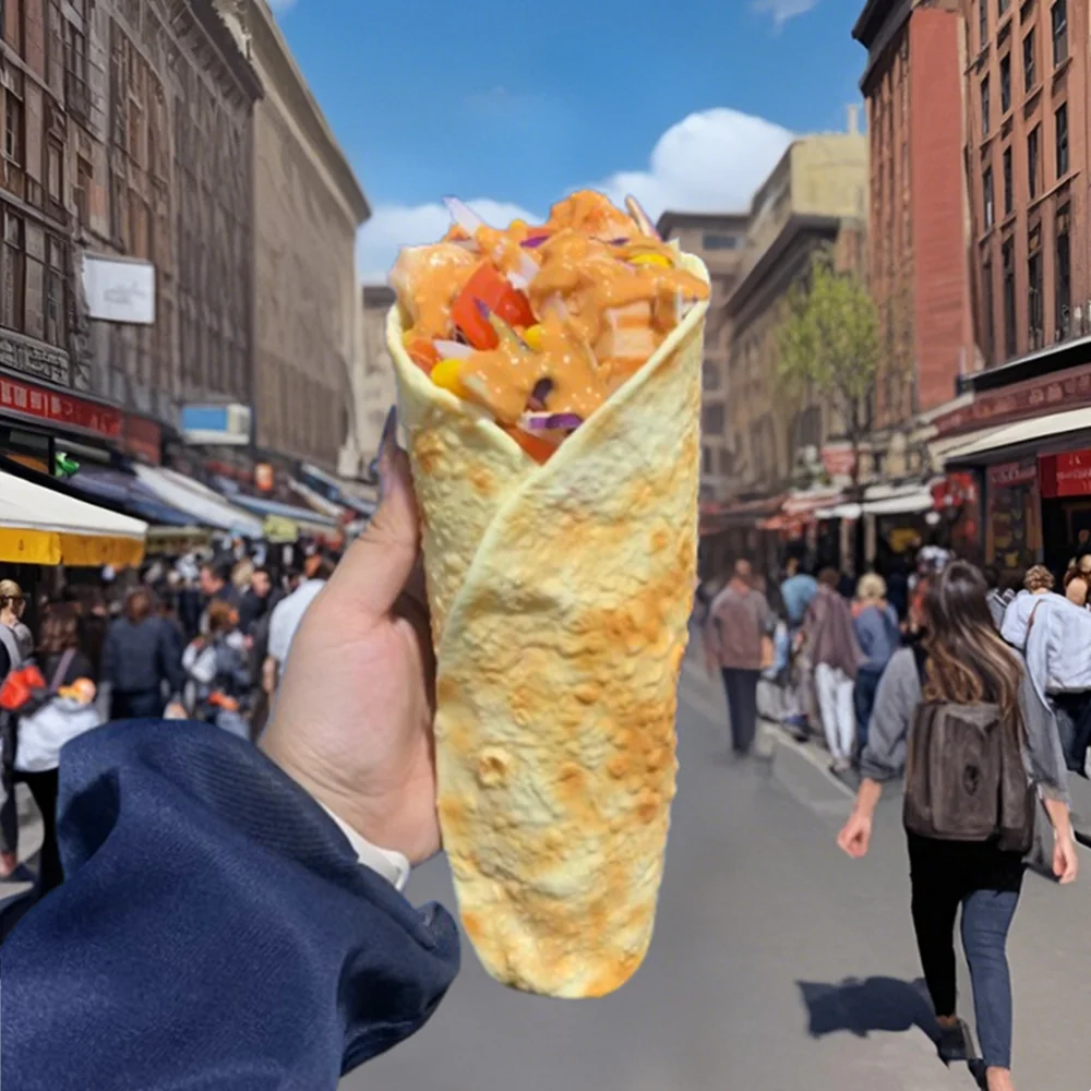 Shawarma-modelo de panqueques artificiales, carne de pollo tierna, cebolla, tomate en cubitos, salsa especial, sabor, carrito de exhibición, receta de aperitivos