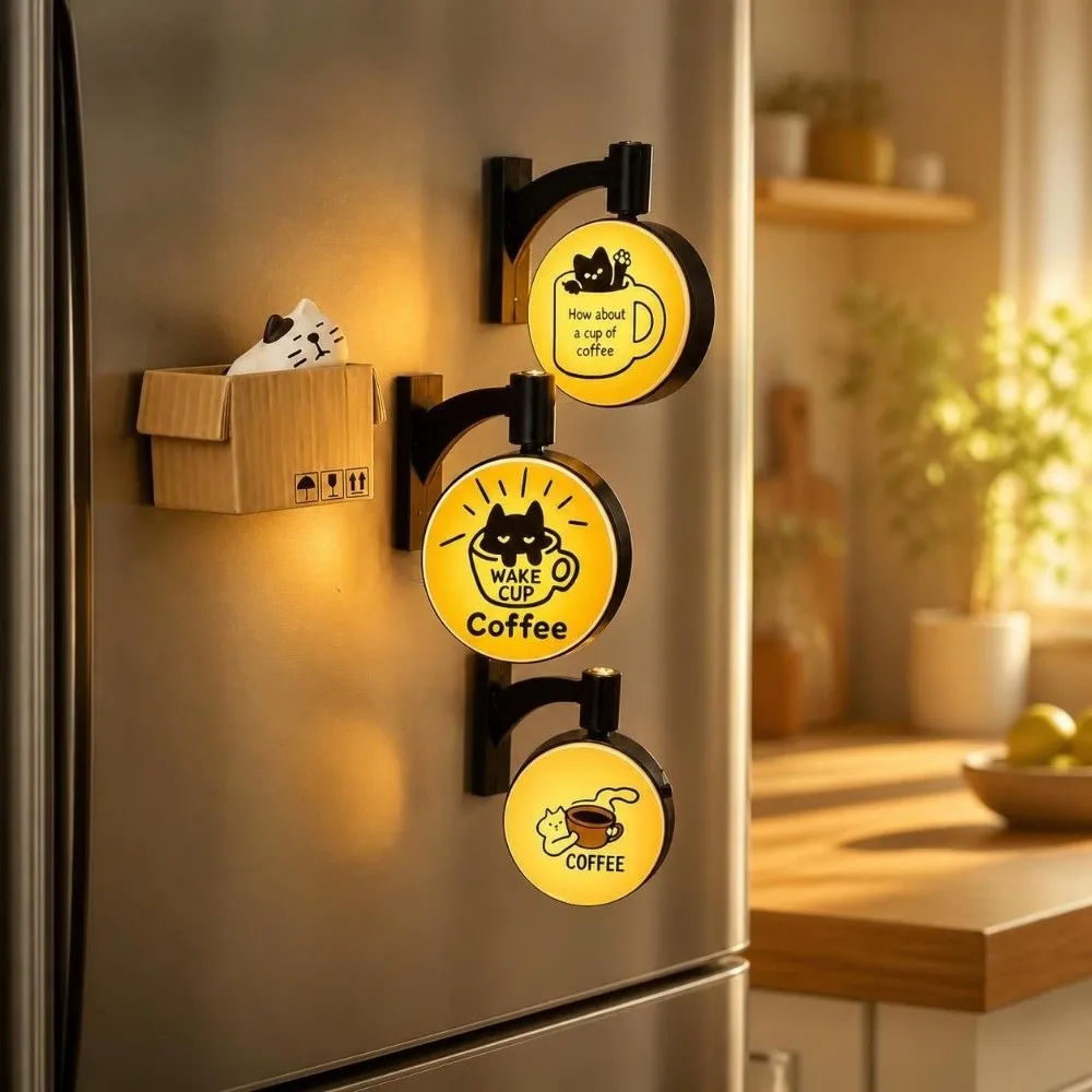 Magnetic Coffee Corner Light Sign Rotatable Retro Glowing Cat Fridge Magnet Soft Light Cartoon Cat Lamp Label Refrigerator Patch