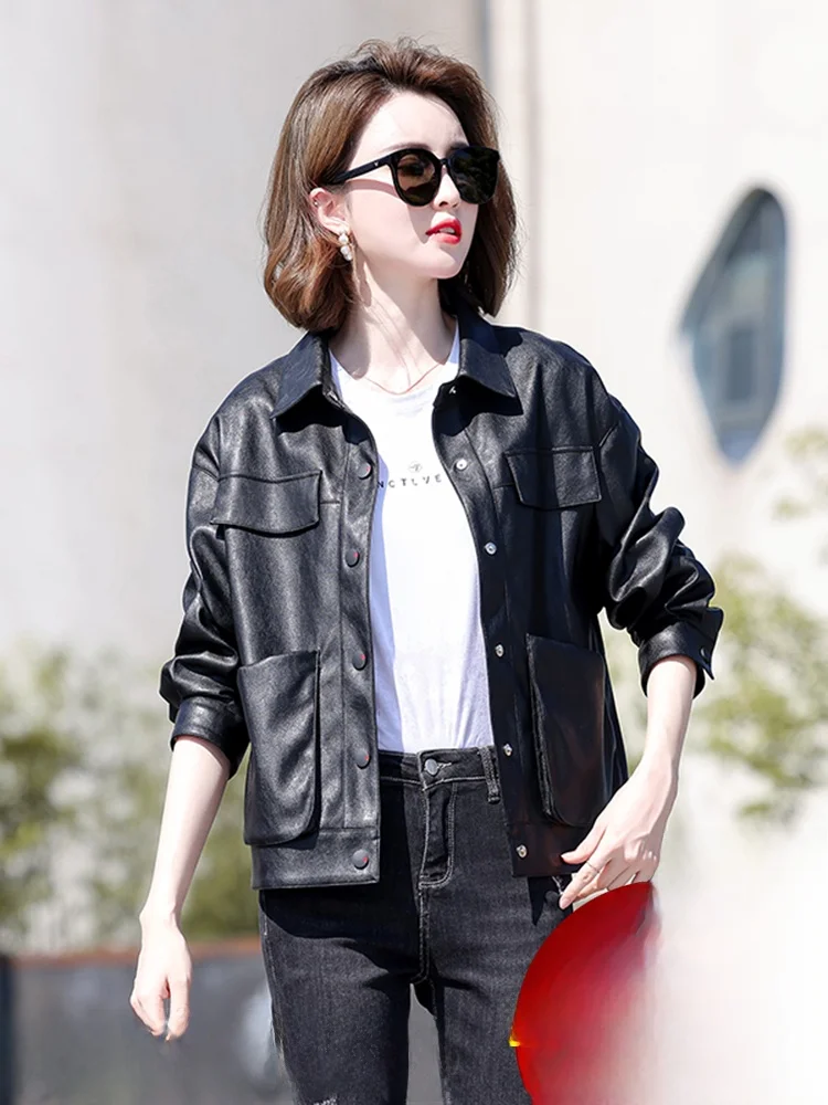 

Ning Genuine Leather Jaet Women's ort Sle Spring Autumn Casual Loose eepskin Coat Trendy Small Outerwear