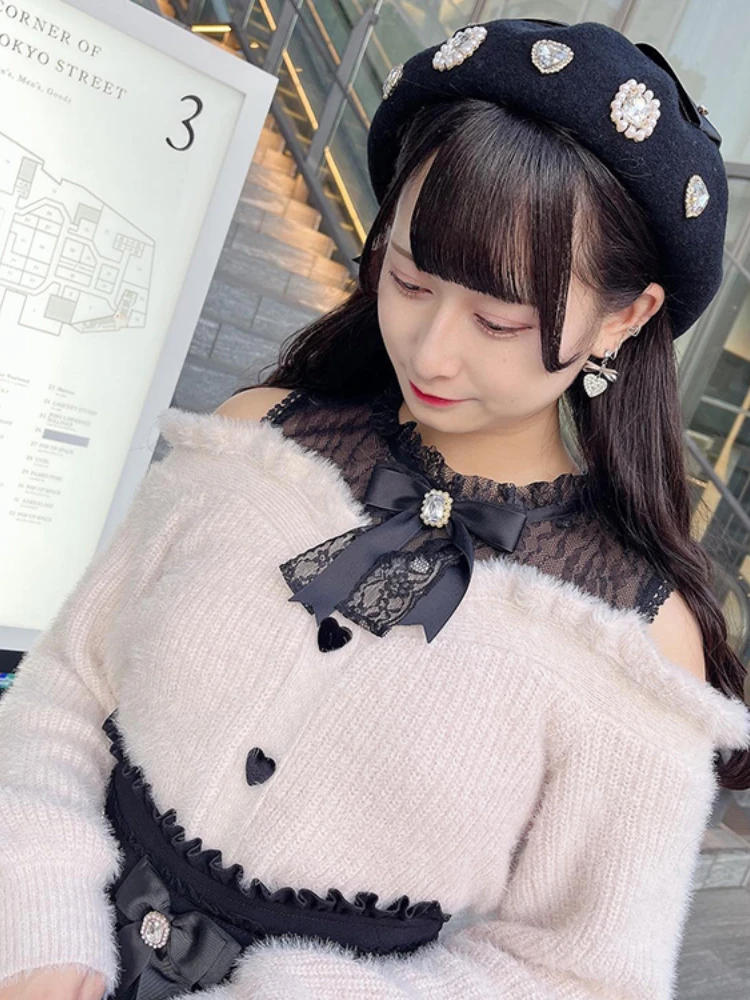 Y2k Aesthetic Lace Patchwork Off Shoulder Sweater Women Vintage Harajuku Jumper Fairy Grunge Knitted Pullover Elegant Pull Femme