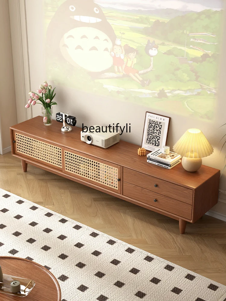 

Solid Wood TV Cabinet Living Room Home Floor Retro Modern Simple Storage Floor Cabinet Locker Coffee Table Combination