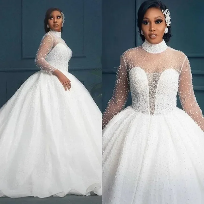 

Customized High Neck Heavy Beading Sequins Ballgown Luxury Wedding Dresses Illsion Long Sleeves Plus Size Bridal Gowns