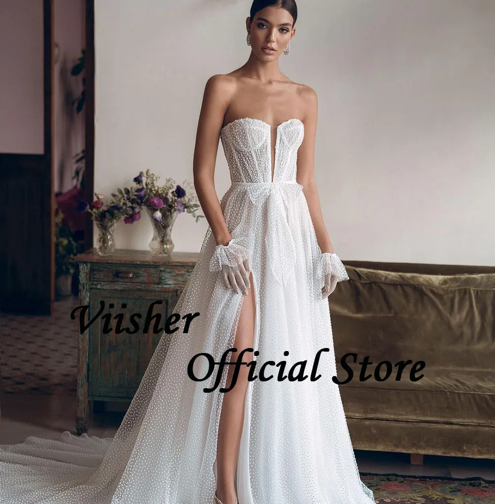 Viisher White Dotted Tulle Wedding Dresses Front Bow Sweetheart Boho Bride Dress Side Split A Line Beach Wedding Bridal Gowns