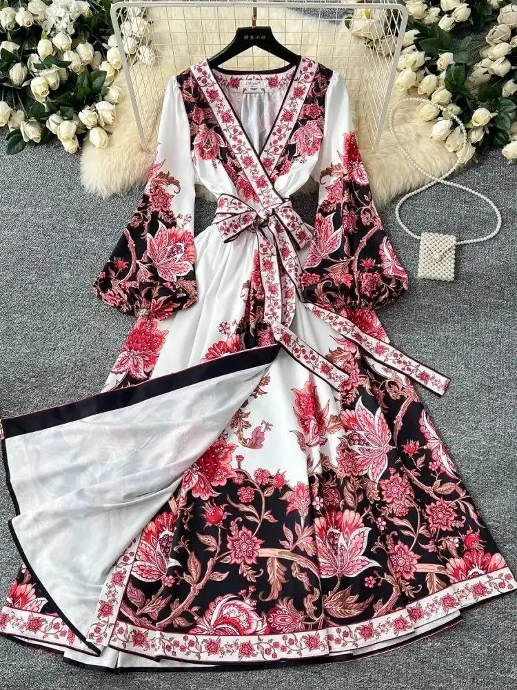 2025 primavera outono férias flor impressão muçulmano envoltório vestido feminino cruz decote em v lanterna manga rendas até bandagem boho longo vestido