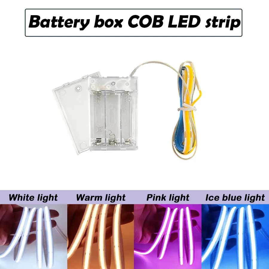 Battery-powered COB LED light strip (batteries not included), warm/white/pink/ice blue light, flexible and portable.