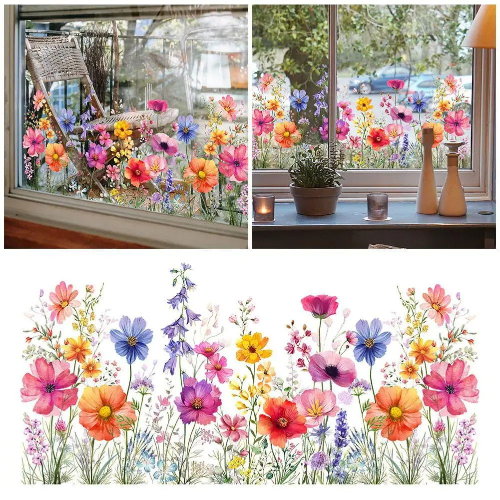 

30*60cm Colorful Static Cling Window Stickers,Colorful Floral Bouquet Window Sticker, Double-Sided Visible Window Decorative