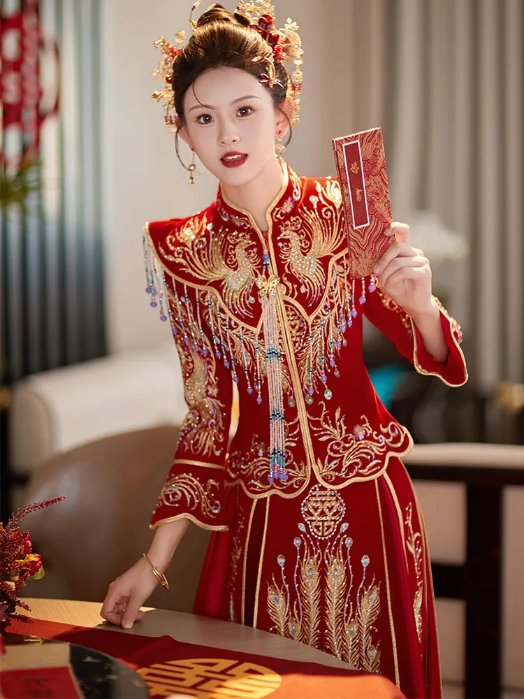 

Velvet dress new Chinese-style wedding for brides toasting dragon and phoenix women