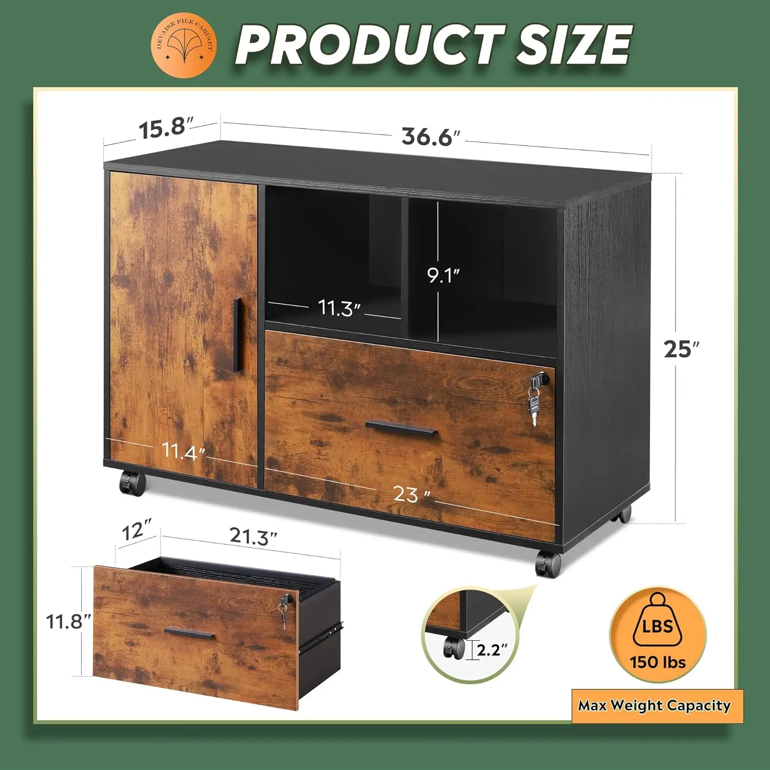 1-Drawer Rolling File Cabinet with Lock, Wooden Home Office Printer Stand, Mobile Storage Solution