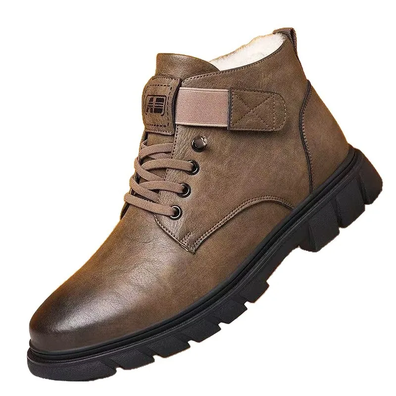 

Men's Faux Leather Ankle Boots Lace-Up Buckle Decor Warm Lined Non-Slip Chunky Sole Casual Outdoor Work Boots for Autumn Winter